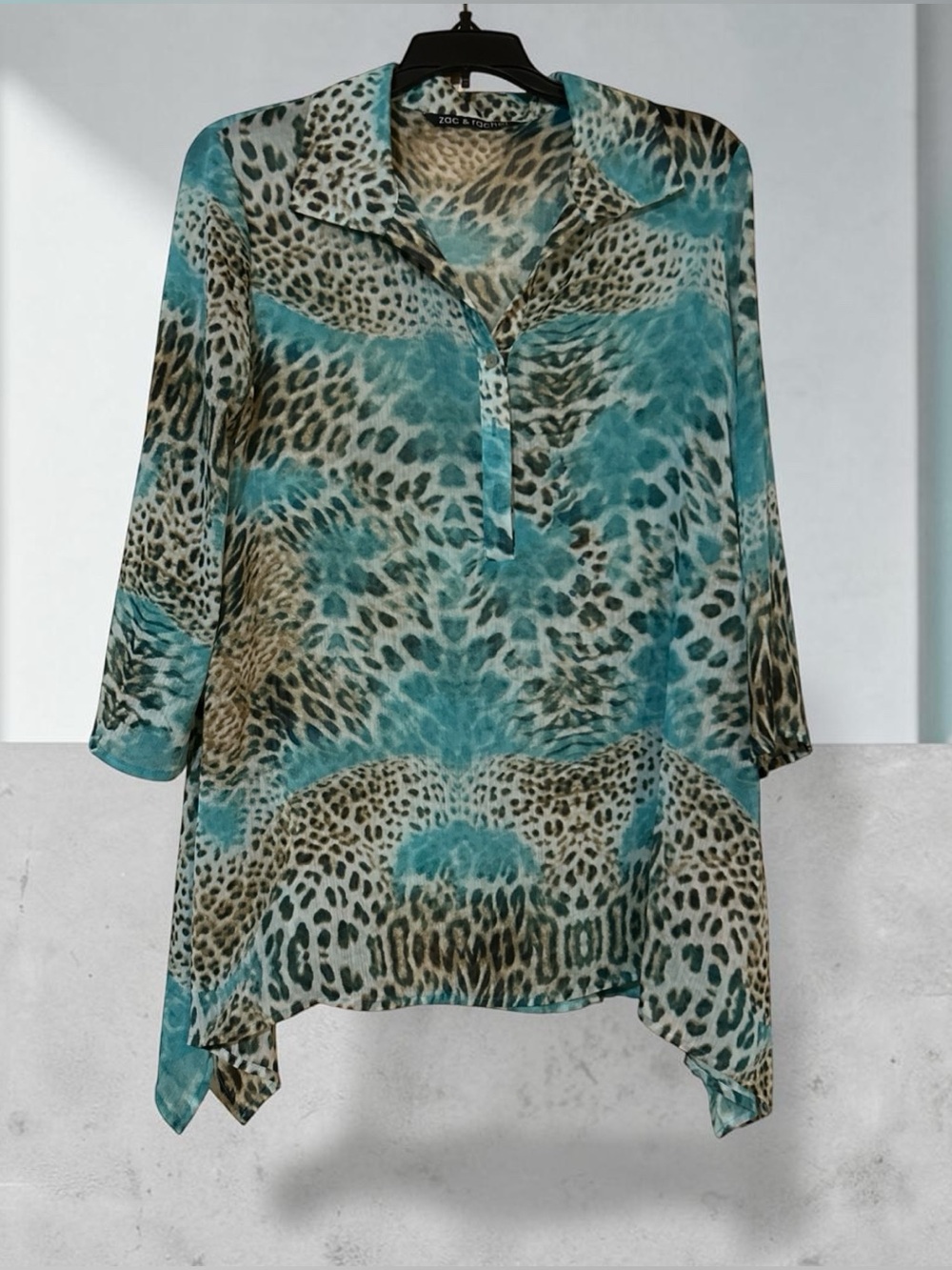 Women’s Blouse Top Sz Small Blue Leopard Animal Print Collared Tunic 3/4 Sleeve